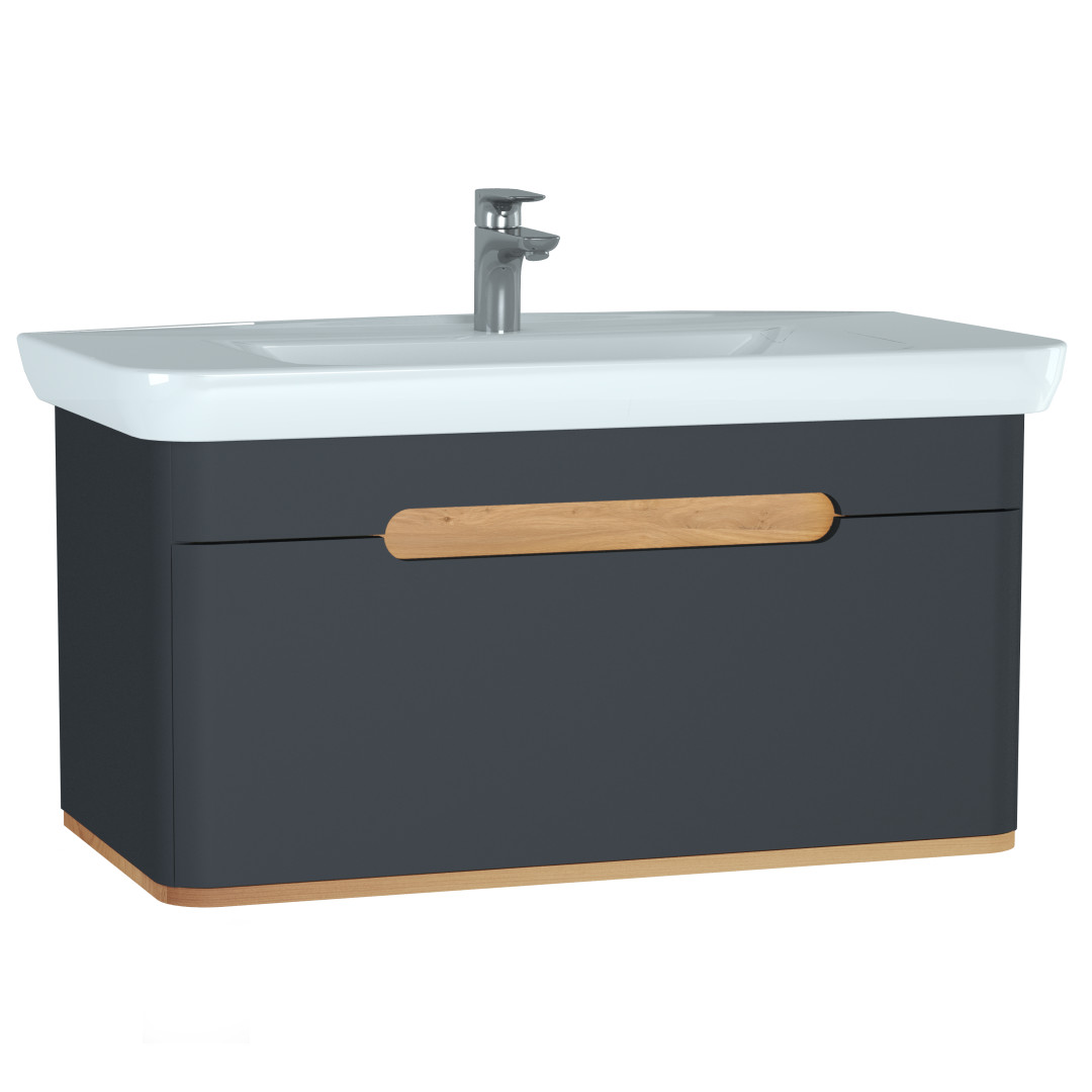 60820-Vitra Sento 100 Cm Lavabo Dolabı - 1 Çekmeceli Led Aydınlatmalı Ayaksız - Mat Antrasit
