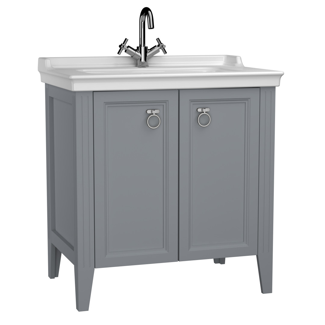 62154-Vitra Valarte 80cm Lavabo Dolabı - Kapaklı Etajer Lavabolu - Gri
