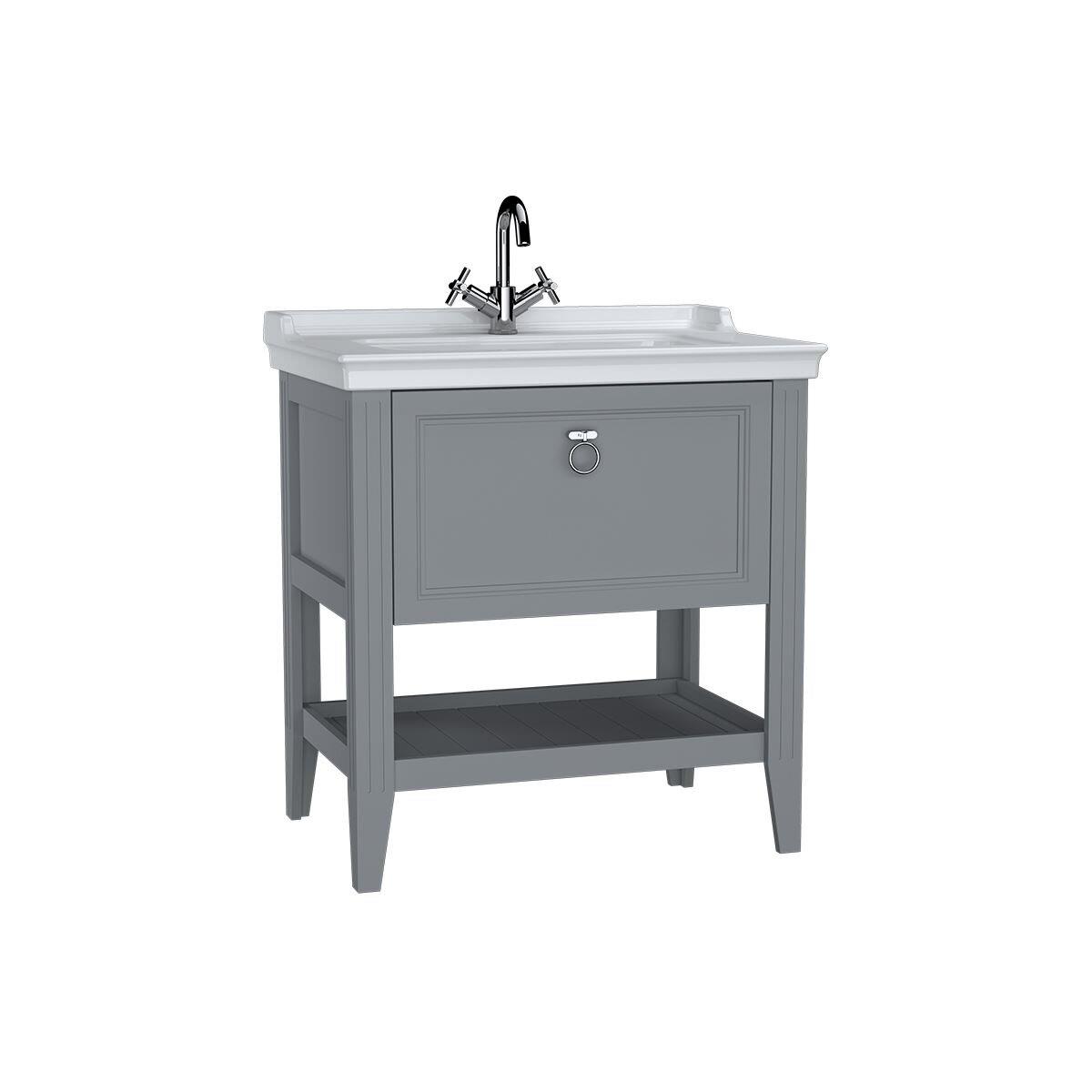 62181 - Vitra Valarte Lavabo Dolabı 80 cm, bir çekmeceli etajerli lavabolu, armatür delikli, mat gri