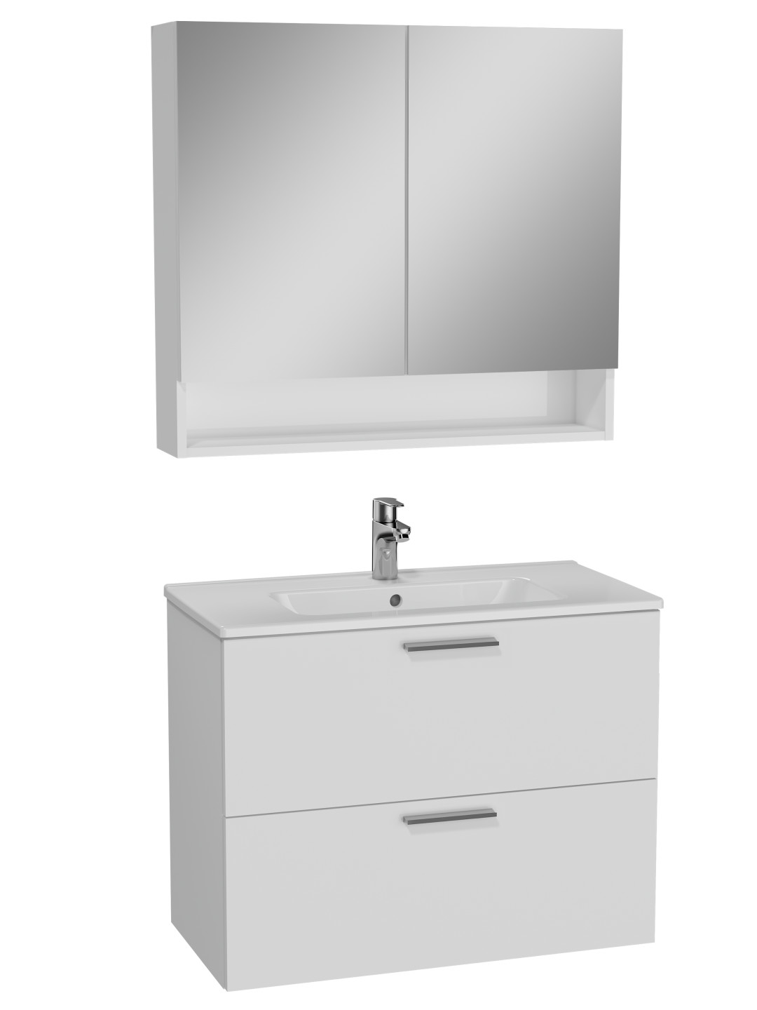 66050-Vitra Mia Aynalı Dolap Seti - Çekmeceli Raflı 80 cm - Parlak Beyaz