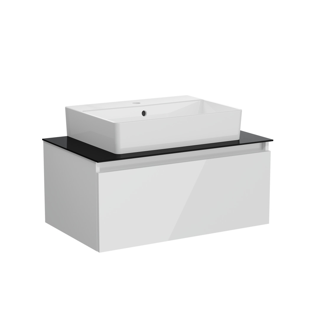 67692 - Vitra Nuo 80cm 1 Çekmeceli Siyah Cam Tezgahlı Lavabo Dolabı, Parlak Beyaz
