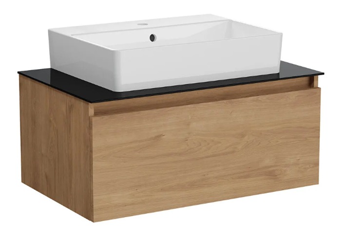 67694 - Vitra Nuo 80cm 1 Çekmeceli Siyah Cam Tezgahlı Lavabo Dolabı, Açık Meşe