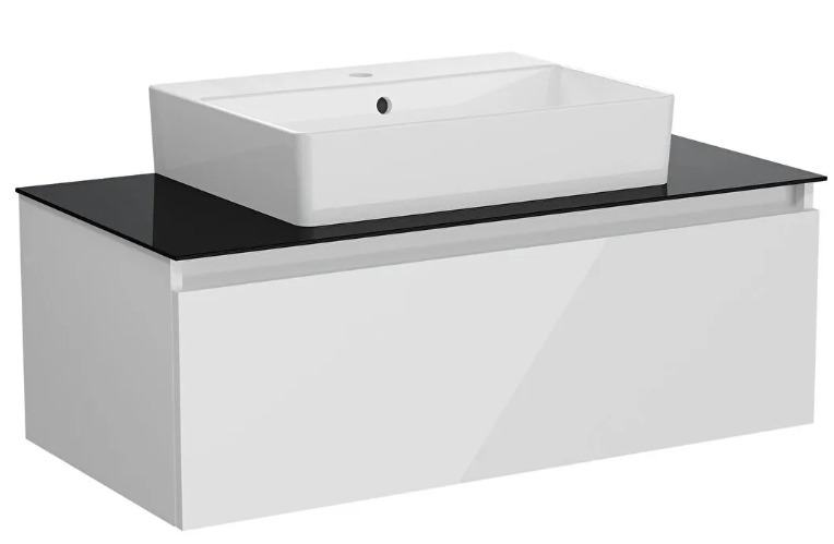 67695 - Vitra Nuo 100cm 1 Çekmeceli Siyah Cam Tezgahlı Lavabo Dolabı, Parlak Beyaz