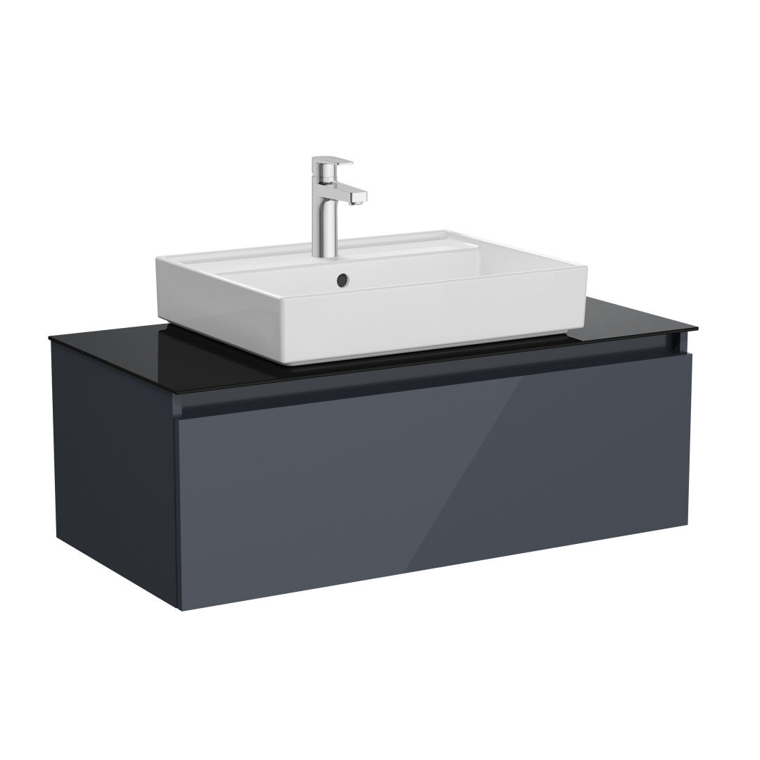 67696 - Vitra Nuo 100cm 1 Çekmeceli Siyah Cam Tezgahlı Lavabo Dolabı, Parlak Antrasit