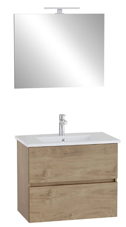 69749 - Vitra Mia Plus Square Banyo Dolabı Seti 80cm İki Çekmeceli Lavabo Dolabı Düz Ayna, Altın Meşe