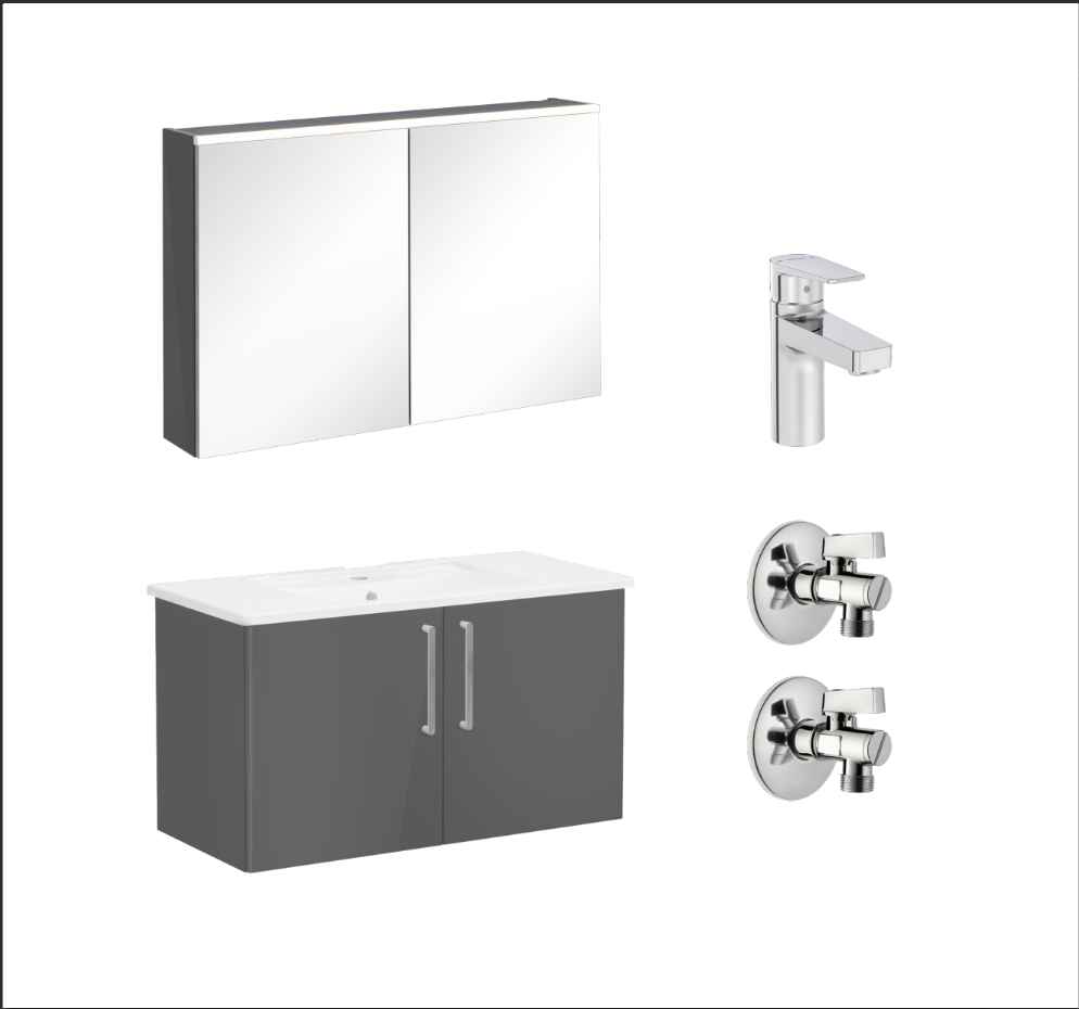 72159 -  Vitra Root Flat Set 100cm 2 Kapaklı Köşeli Lavabolu (Lavabo Bataryası Dahil), Antrasit