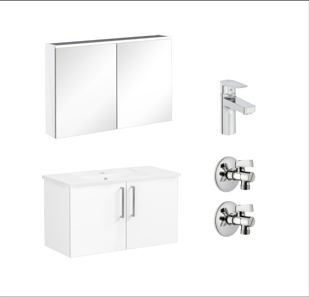 72160 - Vitra Root Flat Set 100cm 2 Kapaklı Köşeli Lavabolu (Lavabo Bataryası Dahil), Parlak Beyaz