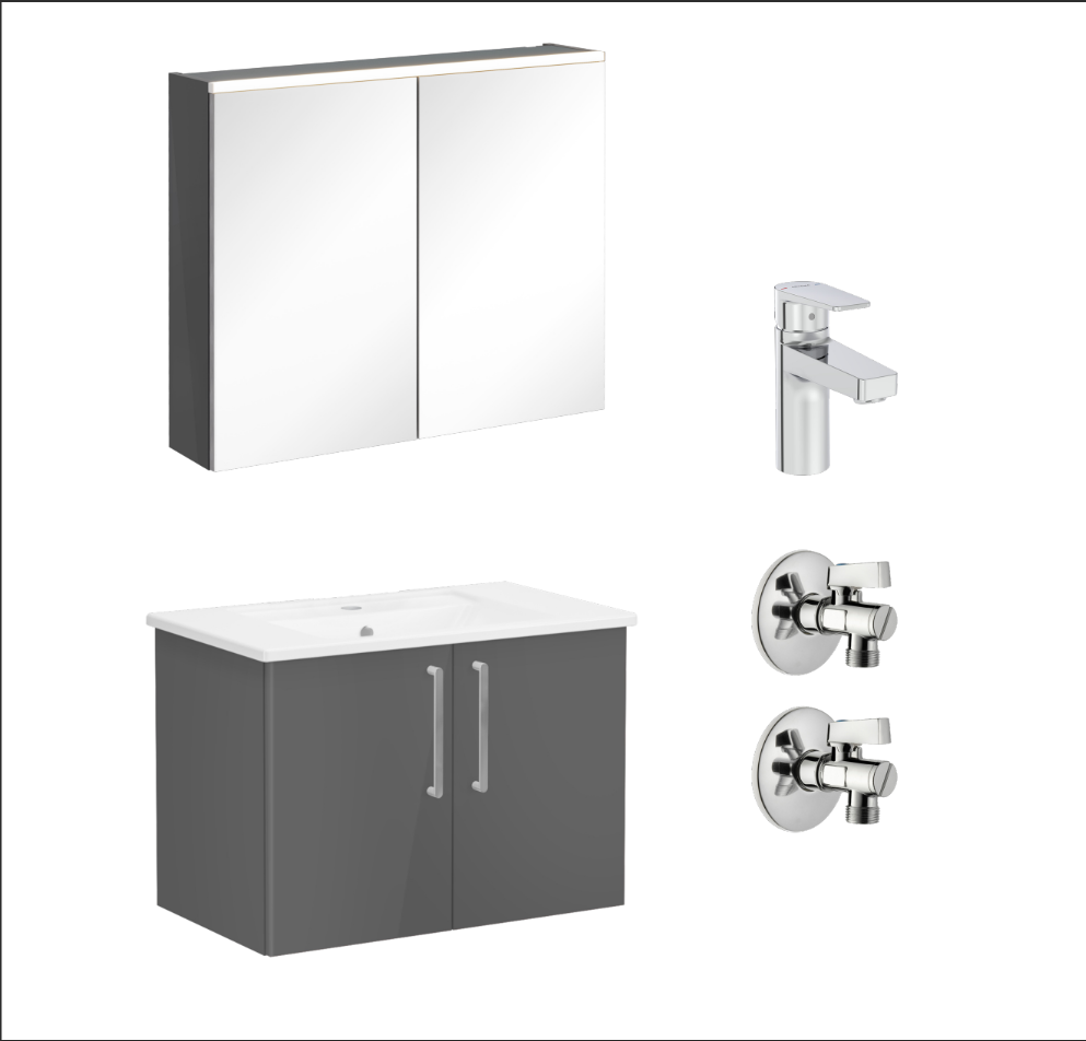 72163 - Vitra Root Flat Set 800cm 2 Kapaklı Köşeli Lavabolu (Lavabo Bataryası Dahil), Antrasit