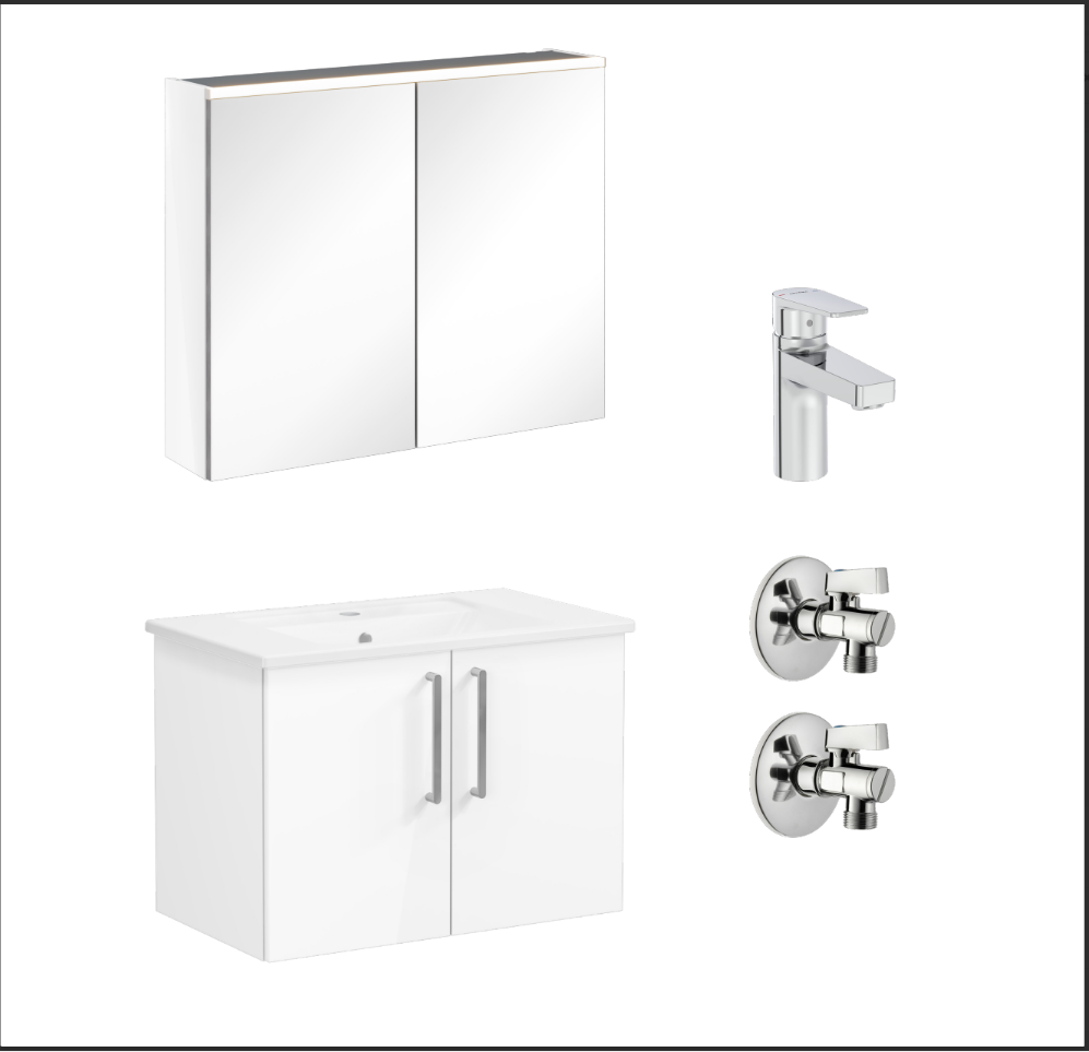72164 - Vitra Root Flat Set 80cm 2 Kapaklı Köşeli Lavabolu (Lavabo Bataryası Dahil), Beyaz
