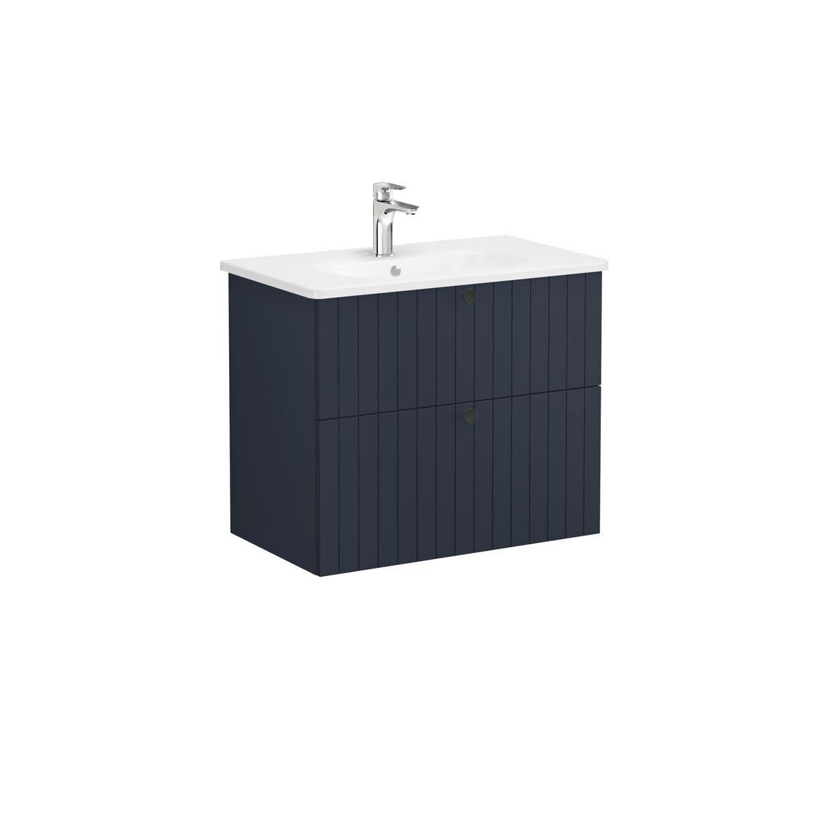 69441-Vitra Root Groove Lavabo Dolabi İki Çekmeceli 80 cm Mat Lacivert Yuvarlak Lavabolu