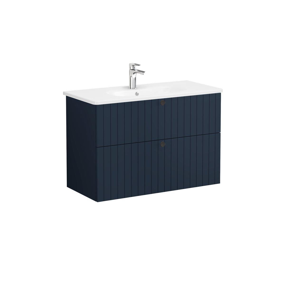 69462-Vitra Root Groove Lavabo Dolabi İki Çekmeceli 100 cm Mat Lacivert Yuvarlak Lavabolu