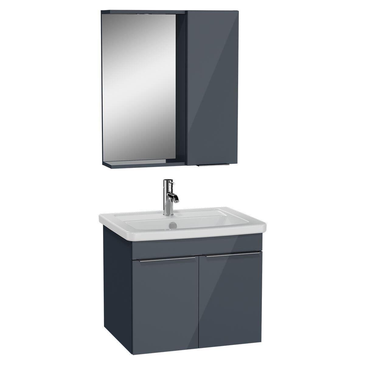 66196-Vitra Quadrum Set, Kapaklı Lavabo Dolabı, Düz Ayna Yanı Dolaplı, 65cm,  Parlak Antrasit