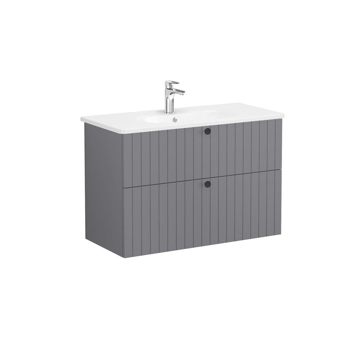 69459-Vitra Root Groove Lavabo Dolabi İki Çekmeceli 100cm Mat Gri Yuvarlak Lavabolu