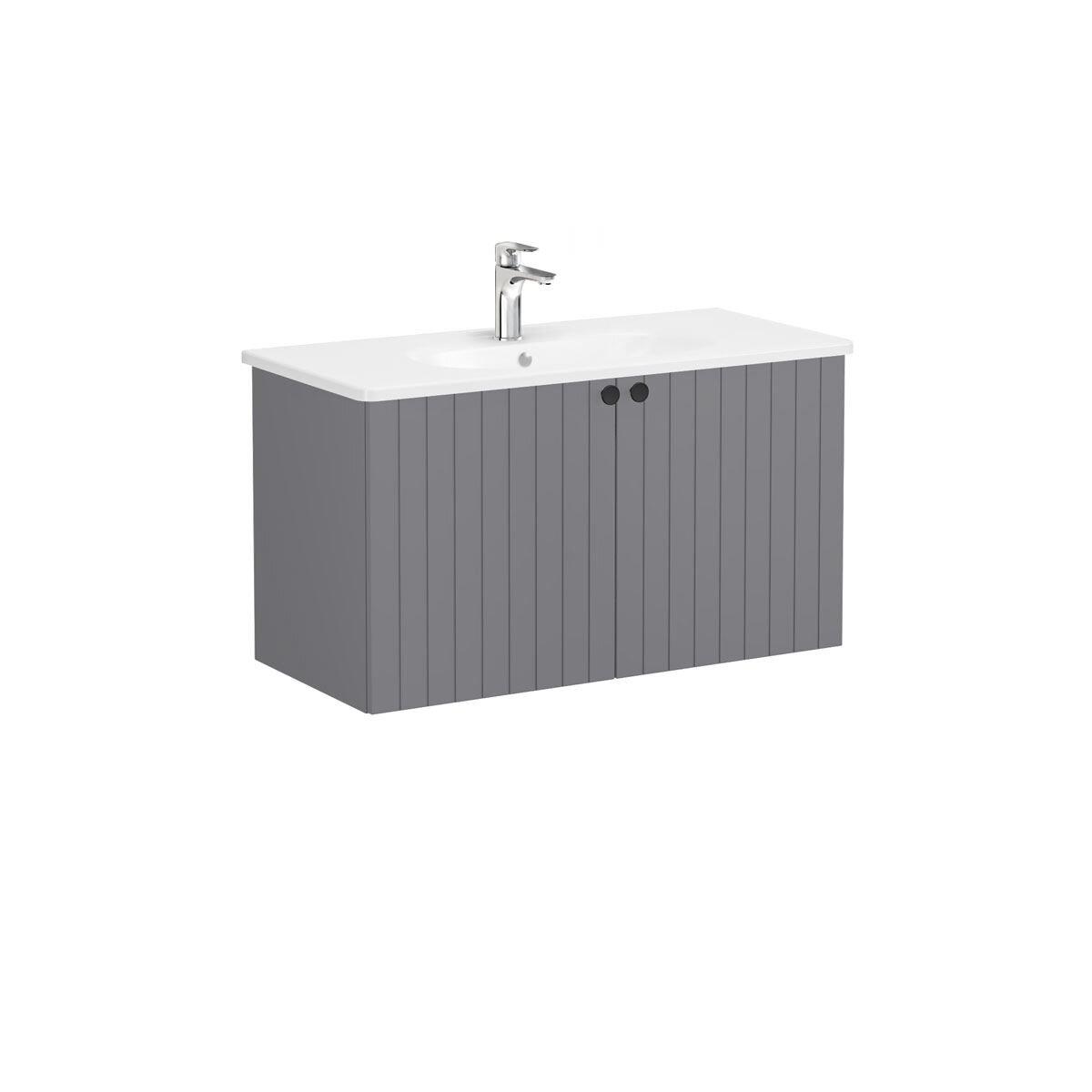 69312-Vitra Root Groove Lavabo Dolabı Kapaklı 100cm Mat Gri Yuvarlak Lavabolu