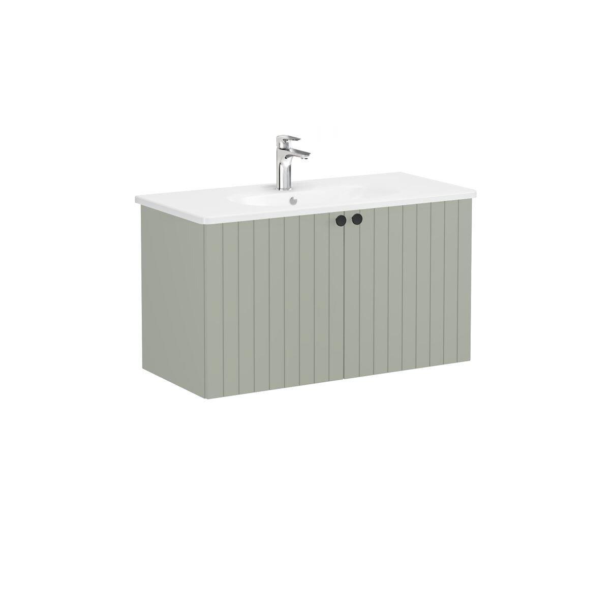 69316-Vitra Root Groove Lavabo Dolabı Kapaklı 100cm Mat Retro Yeşil Yuvarlak Lavabolu