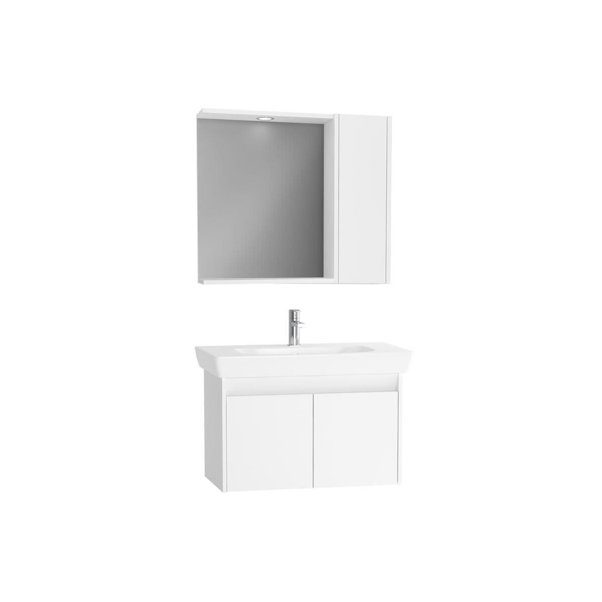 61532-Vitra Step Banyo Dolabı Seti - 85cm Lavabo Dolabı + Yandan Dolaplı Ayna Demonte - P. Beyaz
