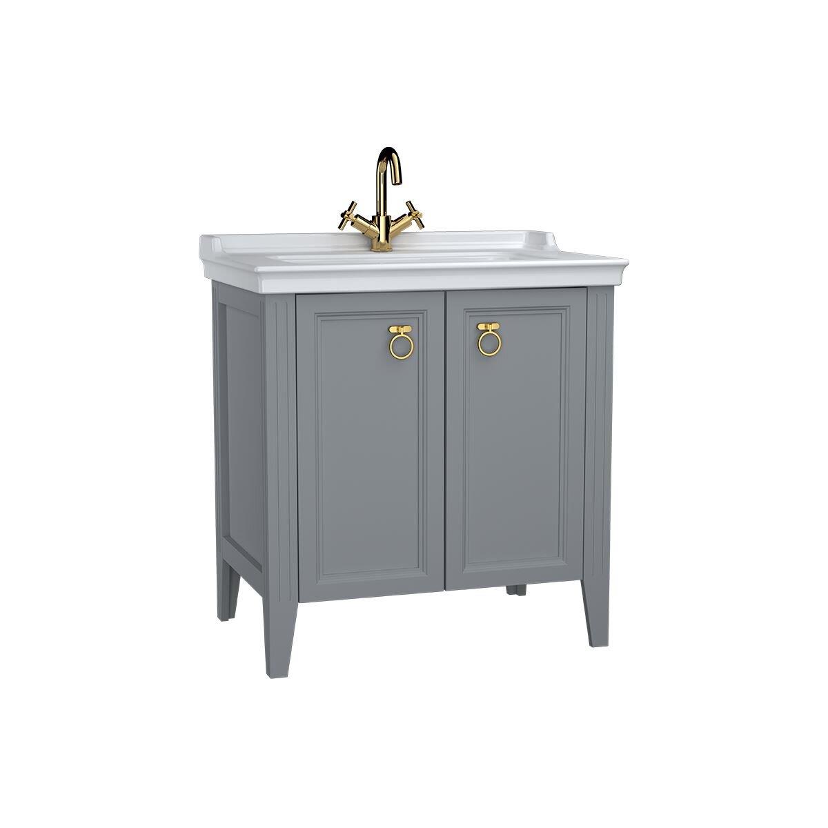 62154-Vitra Valarte 80cm Lavabo Dolabı - Kapaklı Etajer Lavabolu - Gri