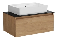 67694 - Vitra Nuo 80cm 1 Çekmeceli Siyah Cam Tezgahlı Lavabo Dolabı, Açık Meşe